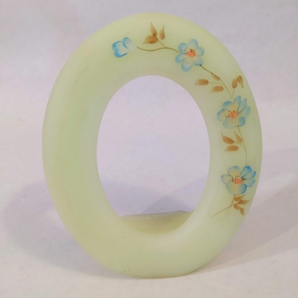 Vintage Fenton Custard Satin Glass Oval Picture Frame Hand Painted Blue Flowers